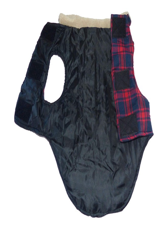 Choostix Brit Checkmate, Dog and Cat Jacket, Winter Wear, Fur Collar, Plaid Fabric with Golden Button, Navy Blue Color, Red White & Grey Designer Checks, Medium, 140 gram - Image 4